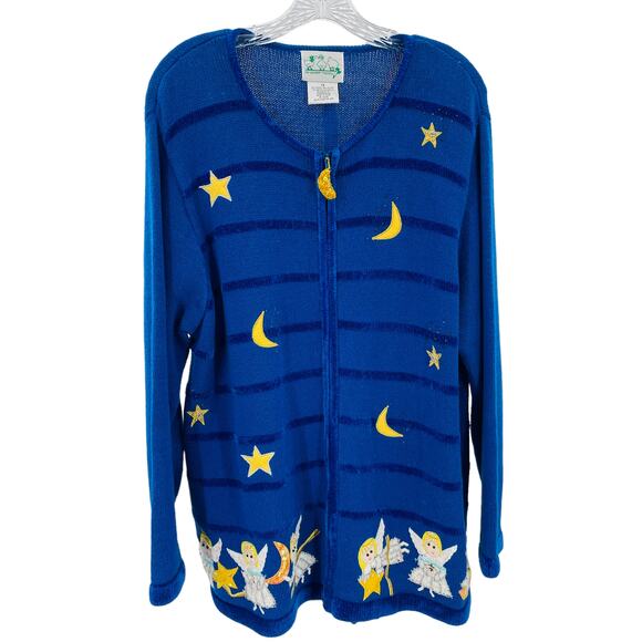 Quacker Factory Blue Chenille Yellow White Embroidered Angels Cardigan Plus 1X - Picture 2 of 10